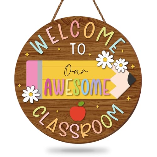 Pencil Welcome Sign - Wooden Hanging Classroom Decor with Apples & Flowers