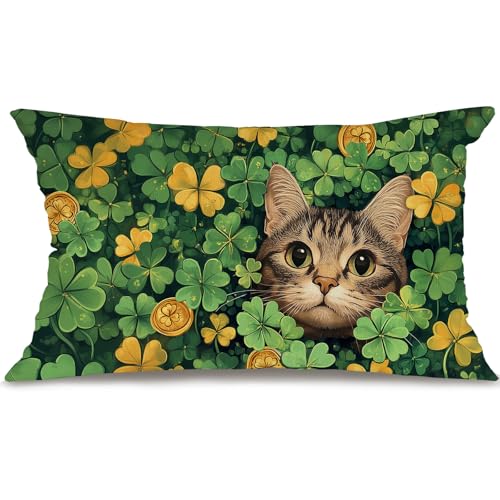 St. Patrick's Day Pillow Cover 12x20 Inch - Shamrock Cat Design