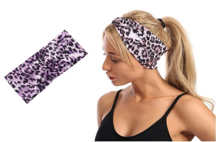 Purple Leopard Print Cross Elastic Headband for Women & Gym