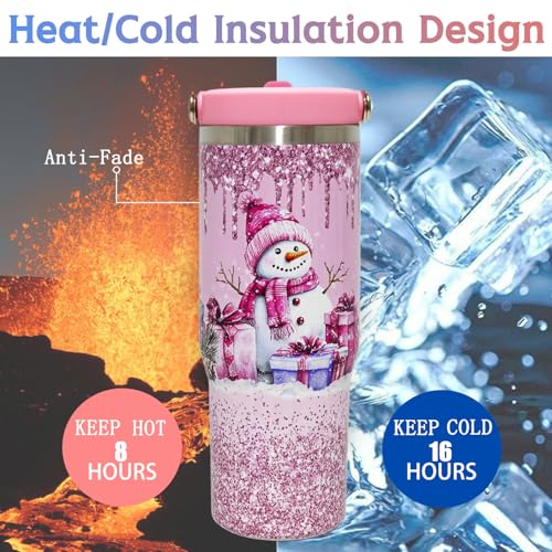 Pink 30oz Christmas Tumbler with Handle & Straw - Snowman Insulated Drinkware