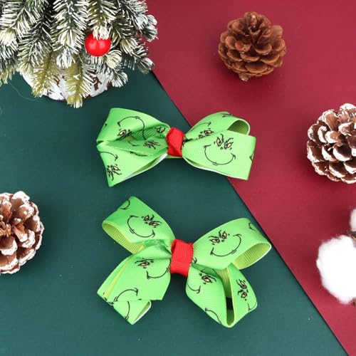 GAFATORY Green Satin Christmas Hair Bows 2-Piece Holiday Hair Accessories