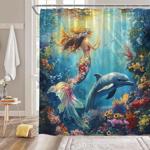 Ocean Mermaid Shower Curtain - 70" x 70" Floral Underwater Decor