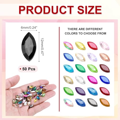 MECCANIXITY 50Pcs Horse Eye Point Back Rhinestones 6 x 12 mm Black Glass Crystal Beads for Jewelry Crafts