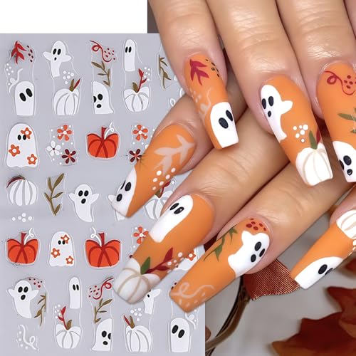 Halloween 5D Embossed Nail Stickers - 4 Sheets Cute Ghost Pumpkin Decals