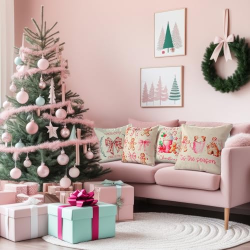 Colingmill 4-Pack Pink Gingerbread Christmas Pillow Covers 18x18