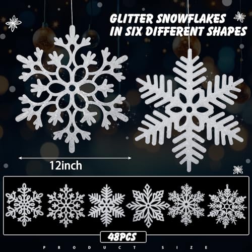 48 Pack Large Glitter Snowflakes Ornaments 12" Plastic Winter Christmas Decor - White