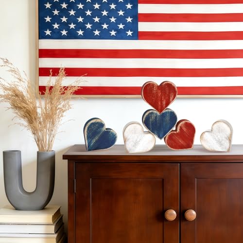 COCHIE Patriotic Wooden Heart Blocks - 6-Piece 4th of July Tiered Tray Decor