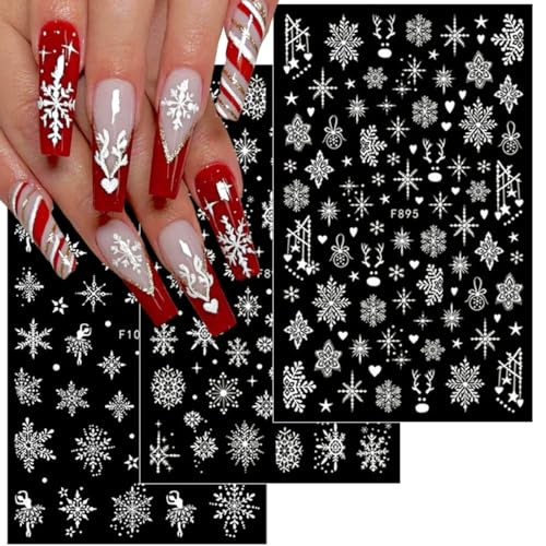 Christmas 3D Snowflake Nail Art Stickers 10 Sheets White Glitter Winter Decals
