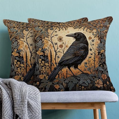 Vintage Crow Throw Pillow Covers Set of 2, 18x18 Inch Linen