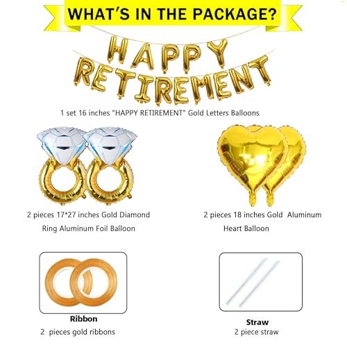 Happy Retirement Balloon Set - Gold Letter Banner & Heart Balloons