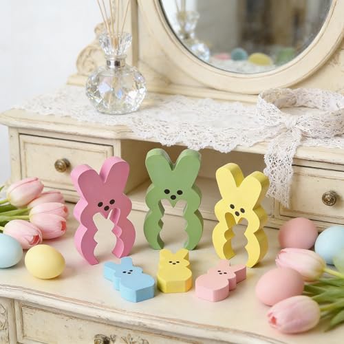 DAHI 6pcs Wooden Easter Bunny Table Decorations Nesting Rabbit Figurines Set