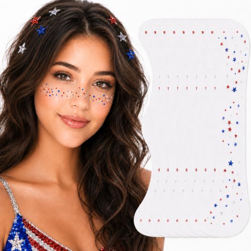 Artlunar 8Pcs 4th of July Face Tattoos - Red White Blue Star Freckle Stickers