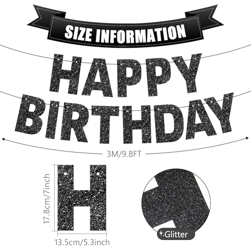 Black Glitter Happy Birthday Banner - Pre-Strung Party Decoration
