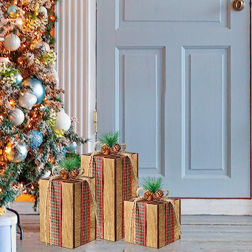 3 Pack Christmas Wooden Gift Box Table Centerpieces - Brown, 4