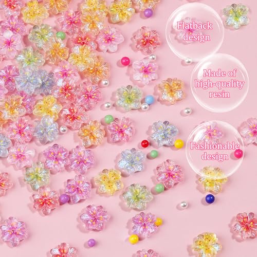 300Pcs Flower Nail Charms Kit with 3D Cherry Resin Charms Pearls and Macaron Beads