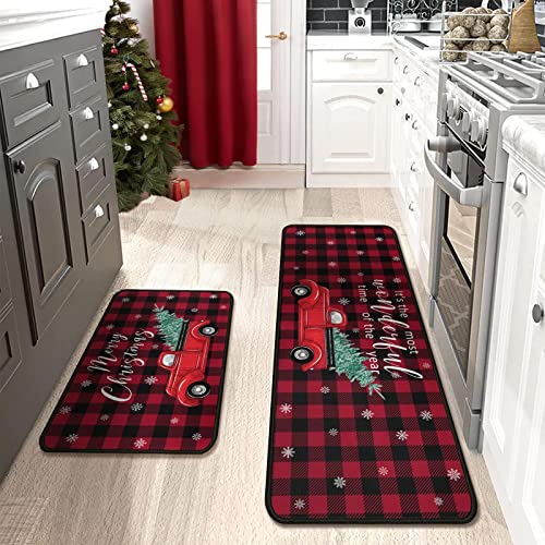 Christmas Red Truck Kitchen Rugs Set - Buffalo Plaid Non Slip Mat & Rug