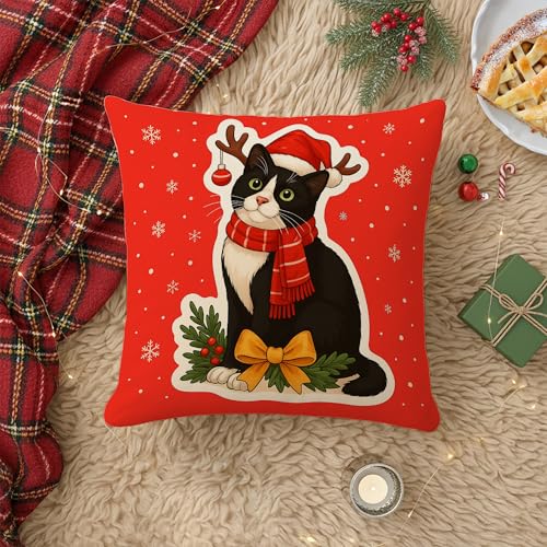 Red Christmas Tuxedo Cat Pillow Cover 18x18 - Festive Decor