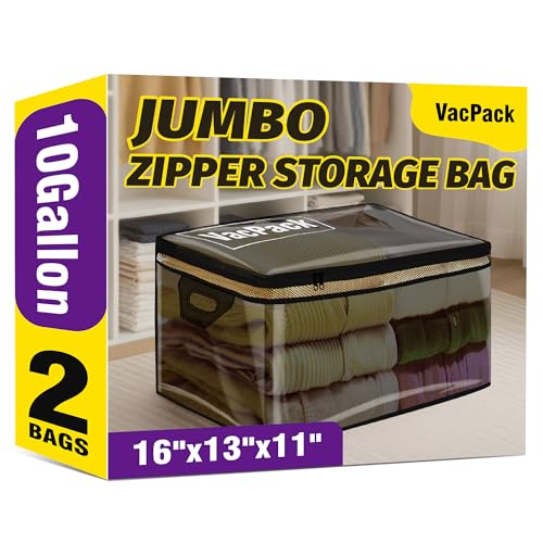 VacPack 10 Gallon Clear Storage Bags with Zipper & Handles - 2 Pack