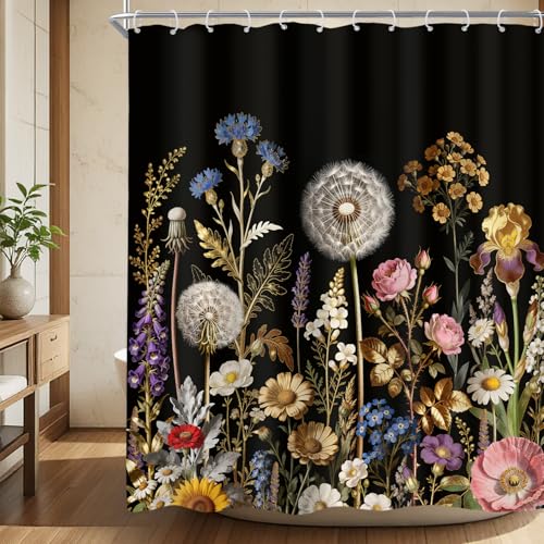 Riyidecor Black and Gold Floral Shower Curtain, 72" x 72" Boho Bathroom Set