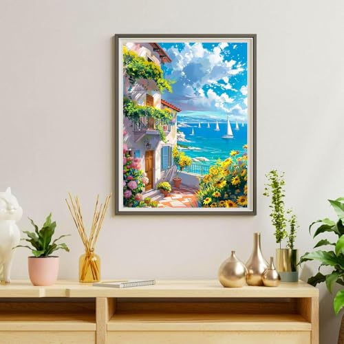 NebuIuxe 5D Diamond Painting Kit, Mediterranean Coastal Scene 12x16 Inch