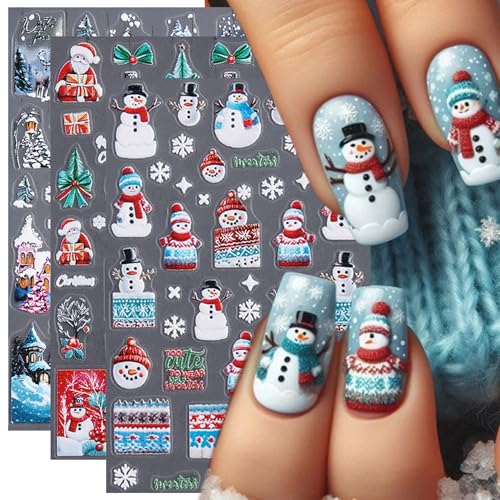 TailaiMei Christmas Nail Decals Stickers - 3 Sheets Self-Adhesive Santa Snowman Holiday Nail Art Decorations