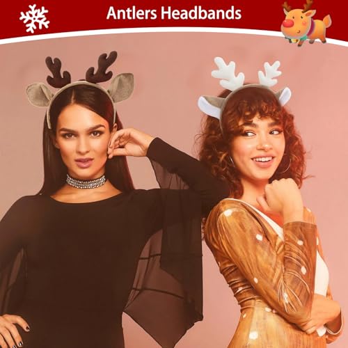 BAHABY Reindeer Antlers Headband 2 Pack Plush Faux Fur Deer Ears