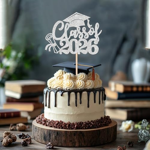 Class of 2026 Silver Glitter Cake Topper Congrats Grad Cap Diploma Pick