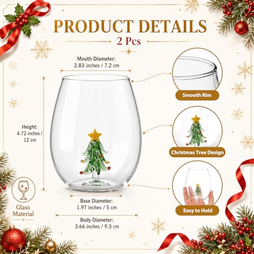 Christmas Tree Stemless Wine Glasses - 3D Tree Inside, Set of 2 - Holiday Decor