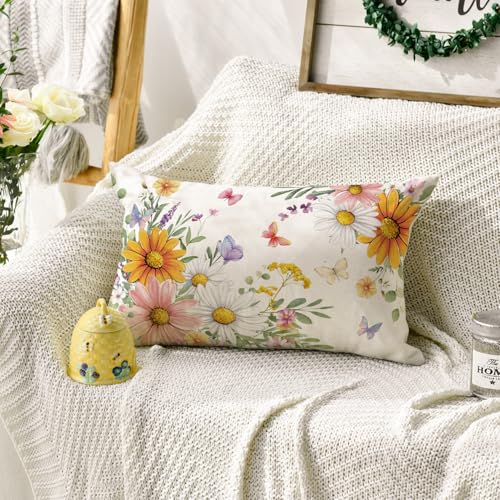 Spring Daisy Throw Pillow Cover - 12x20 Inch Butterfly Floral