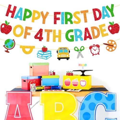 Happy First Day of 4th Grade Banner - Colorful Back-to-School Decor