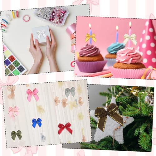 Mini Satin Silver Edge Ribbon Bow Appliques for Crafts, Hair, Wedding, Party, Christmas - Rose Red, Pack of 50