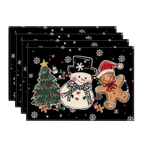 Black Snowman Tree Gingerbread Christmas Placemats Set of 4 - 12x18 Inch Seasonal Table Decor