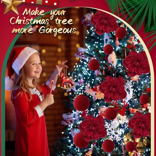 Burgundy Velvet Christmas Tree Decorations Set with Poinsettias & Ornaments