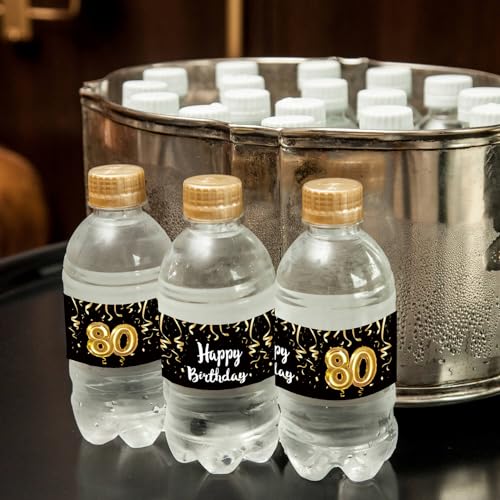 24 Black and Gold 80th Birthday Water Bottle Labels - Elegant Party Decor
