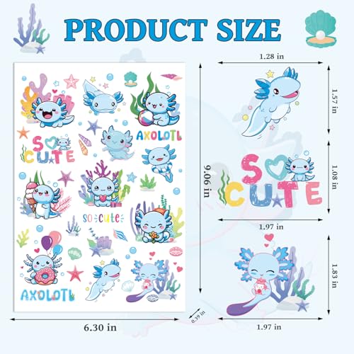 Blue Axolotl Temporary Tattoos - 8 Sheets Cute Salamander Party Favors