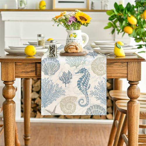 Coastal Beach Table Runner Nautical Sea Shell Starfish 13x72 Linen