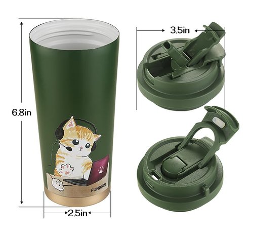 Funkrin Coffee Travel Mug with Straw & Flip Lid, 16oz Insulated Tumbler Cup with Ceramic Coating, Double Wall Vacuum Leak-Proof Mug for Office School Party Camping