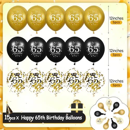 65th Birthday Balloons Set - 15Pcs Black and Gold Latex Decorations