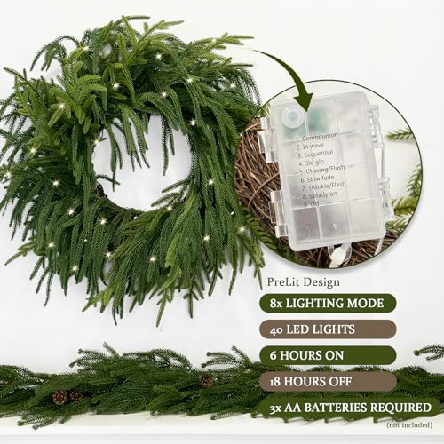 26 Inch Faux Norfolk Pine Wreath with Prelit Christmas Lights - Real Touch Decor