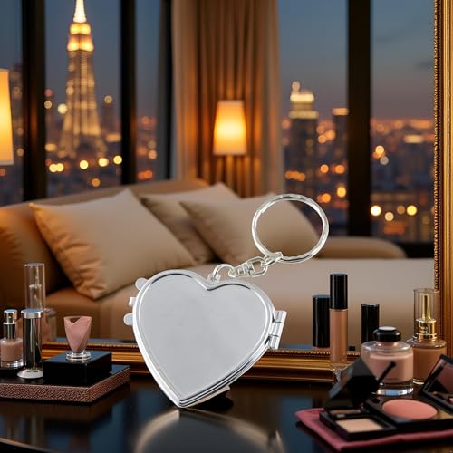 Silver Metal Heart Compact Pocket Mirror with Keychain Travel Makeup Mirror