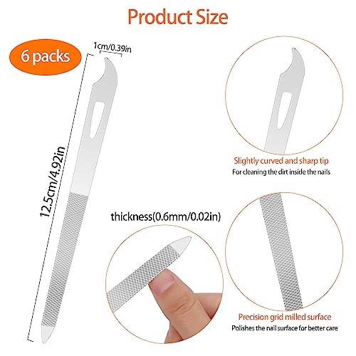 Mozeat Lens Stainless Steel Nail File Set, 6-Piece Double Sided Metal Files with Cleaner Tip for Natural and Acrylic Nails