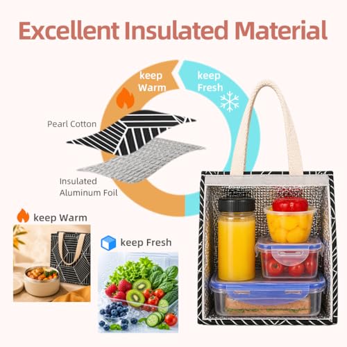 iknoe 9L Insulated Lunch Bag - Black Rhombus, Hook and Loop Closure Tote
