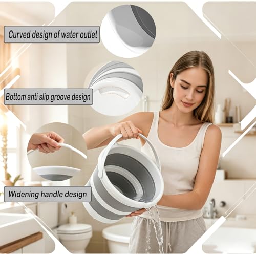 MINDFARGE 5L Grey Collapsible Water Bucket with Handle – Foldable Portable Pail for Camping, Cleaning, Car Wash & Outdoor Use