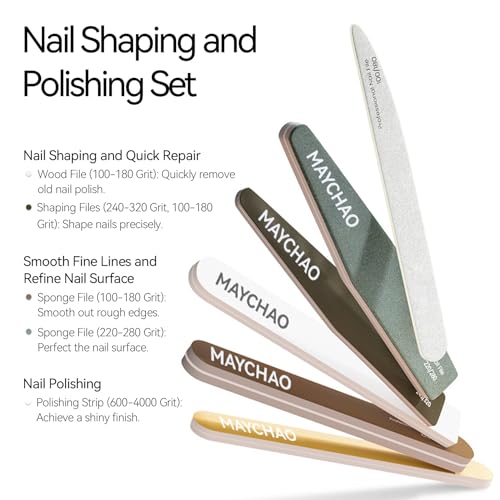 MAYCHAO 7-Piece Nail File and Buffer Set - Professional Emery Boards and Shine Kit for Natural, Acrylic, and Gel Nails