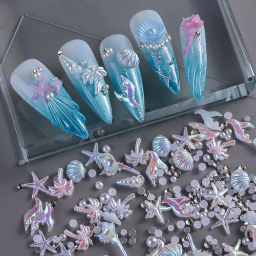 3D Aurora Ocean Nail Charms Set Summer Beach Seashell Star Resin Gems