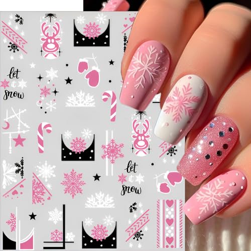 Pink Christmas Nail Stickers 6 Sheets 3D Winter Reindeer Snowflake Decals