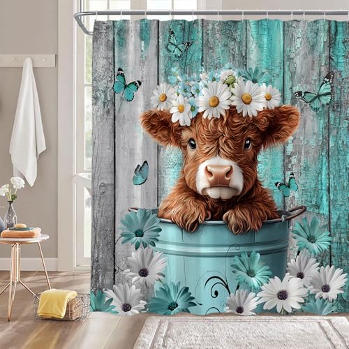 Highland Cow Shower Curtain 70x70 Inches - Teal Floral Design