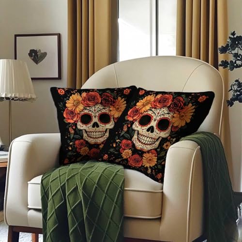 Sugar Skull Decorative Pillow Covers Set of 2 | 18x18 Inch Floral Art for Halloween & Day of the Dead