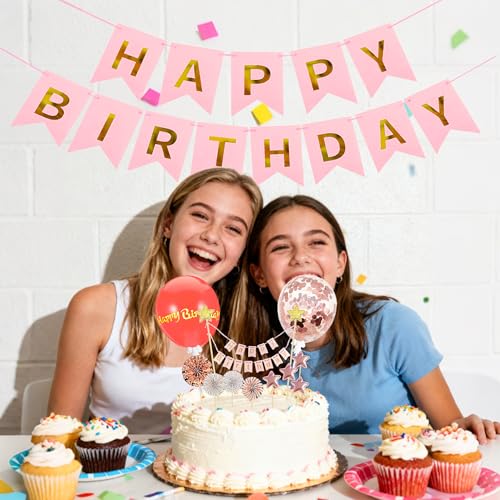 13-Piece Pink Happy Birthday Cake Topper Set with Stars and Balloons
