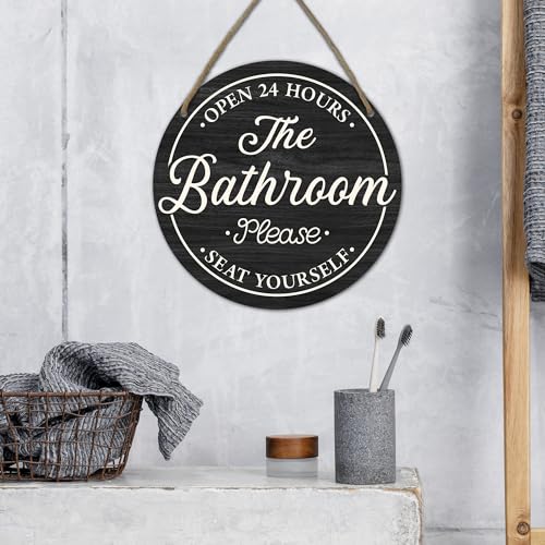 Rustic Round Wooden Bathroom Sign - Open 24 Hours, Black